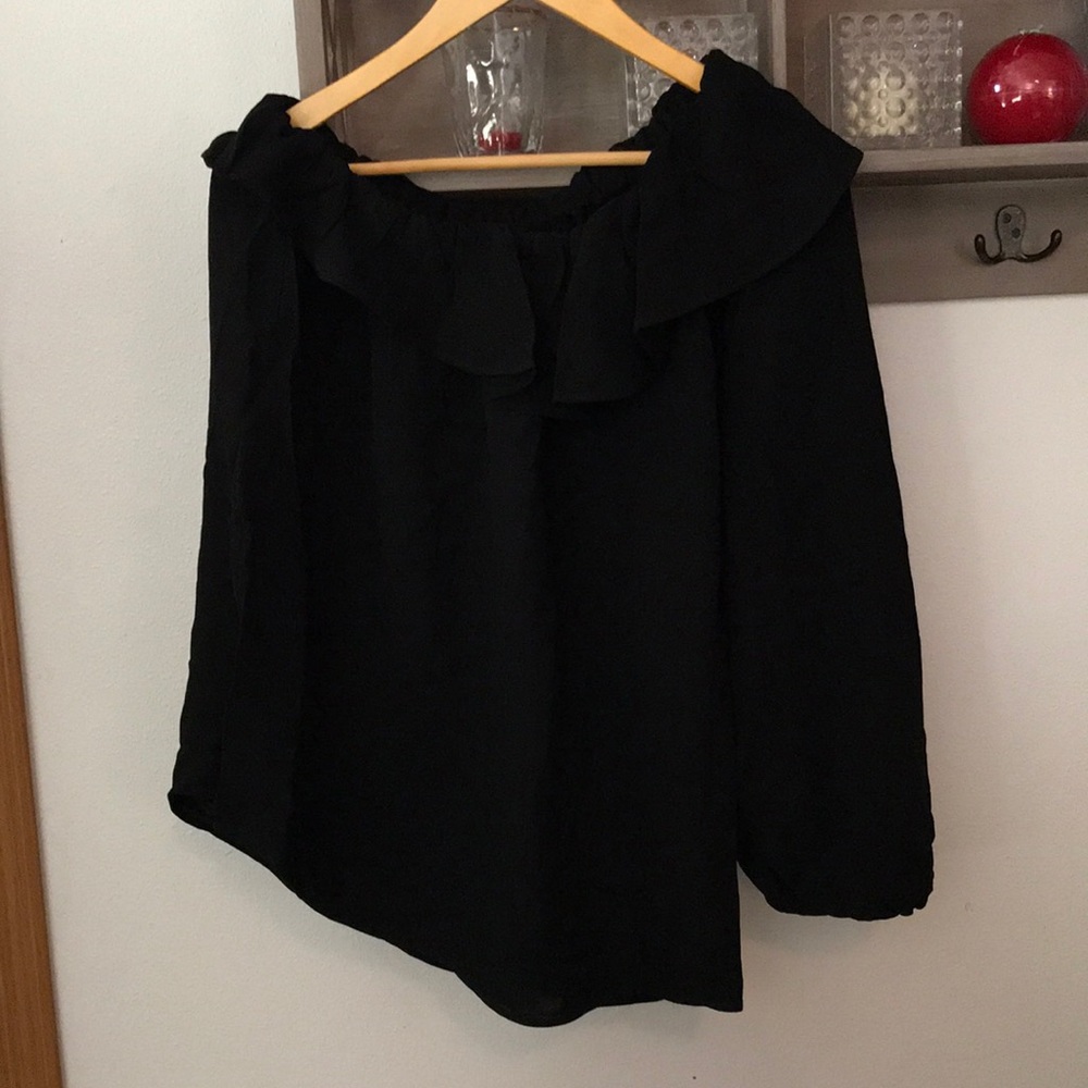 French Connection one shoulder blouse black, neckline ruffle, size 4